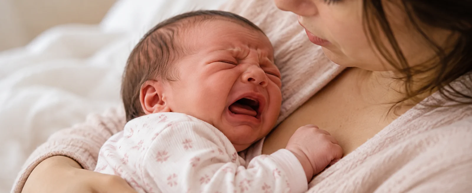 Recién nacido envuelto en una manta, llorando, con la mano de su mamá acompañándolo